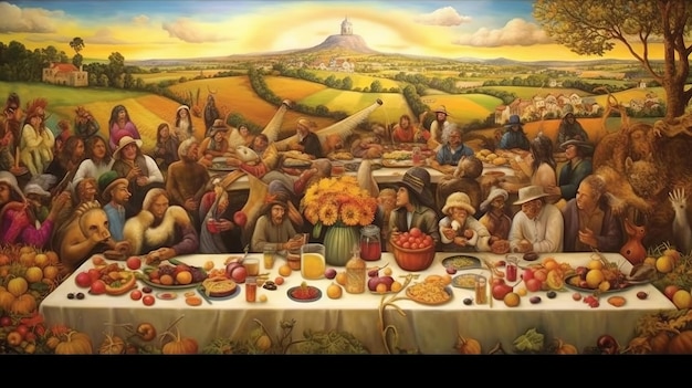 Illustration eines glücklichen Thanksgiving-Menus auf dem Tisch als Festkonzept. Geröstete Truthahn mit Cranberry-Sauce und Füllung Generative Ai