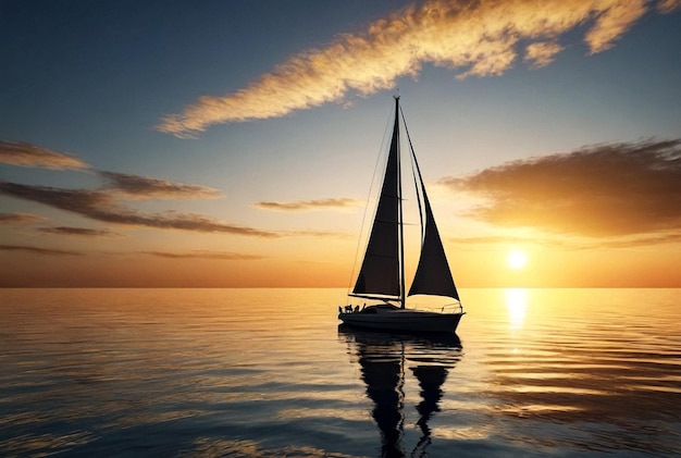 Foto illustration eines goldenen sonnenuntergangs über ruhigen gewässern mit silhouette eines segelbootes, das an der skyline fährt.