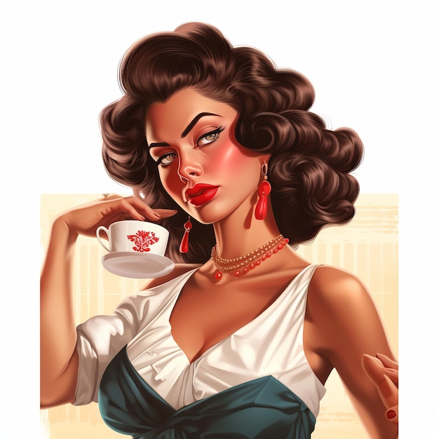 Illustration eines großen Vintage Pin Up Latin Coffee Girl auf weißem Hintergrund