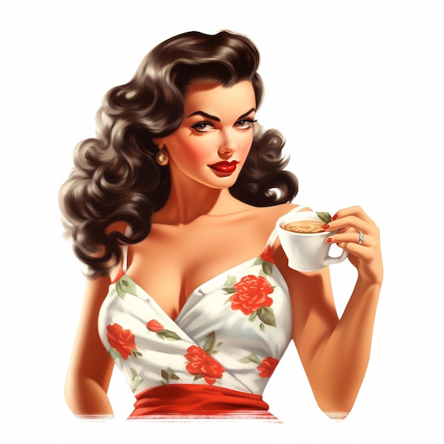 Illustration eines großen Vintage Pin Up Latin Coffee Girl auf weißem Hintergrund