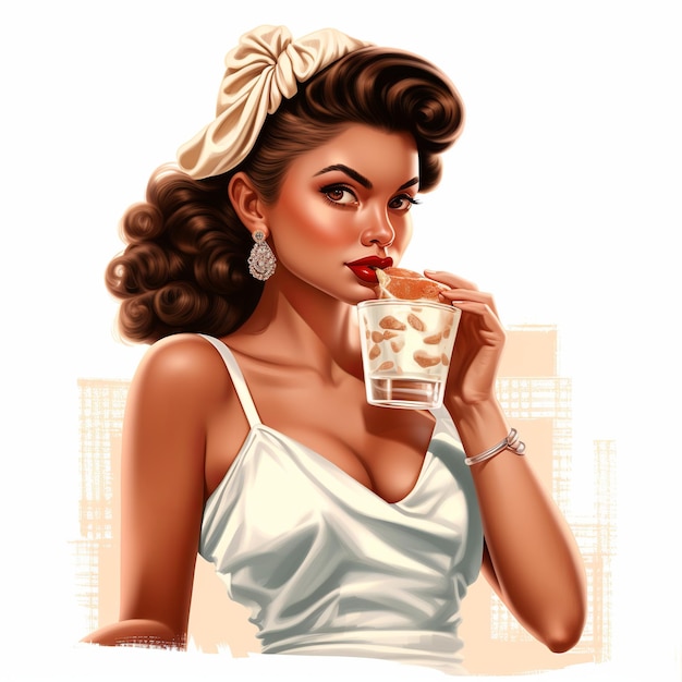 Illustration eines großen Vintage Pin Up Latin Coffee Girl auf weißem Hintergrund