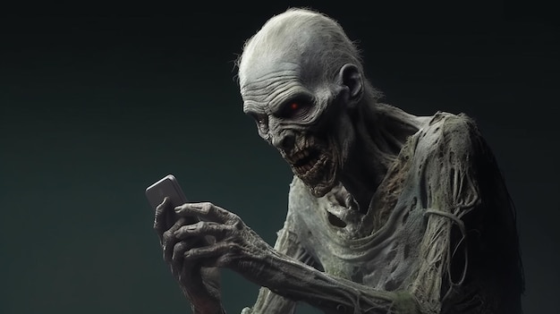 Illustration eines gruseligen Zombies, der ein modernes Mobiltelefon in einer dunklen und unheimlichen Umgebung hält