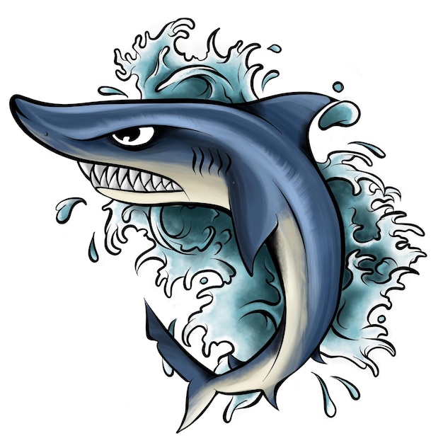 Illustration eines Haies mit offenem Mund voller scharfer Zähne, isoliert auf weißem Hintergrund. Hai greift aus dem Wasser an