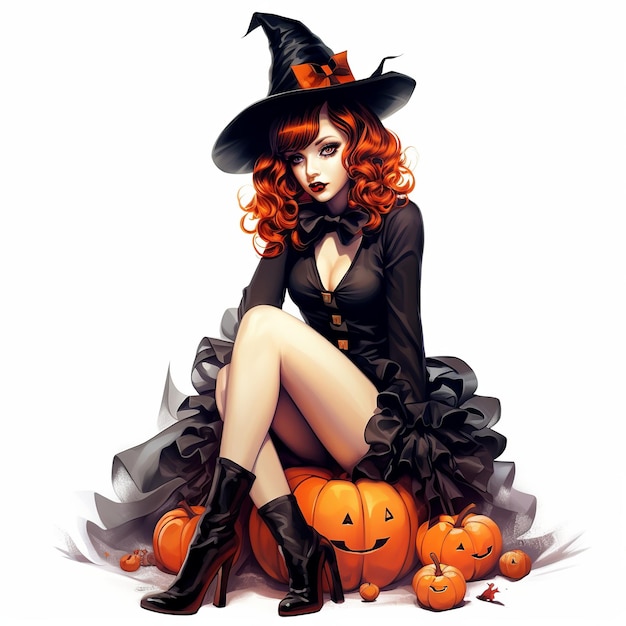 Illustration eines Halloween-Retro-Pin-up-süßen Mädchens, ein Gemälde einer Frau