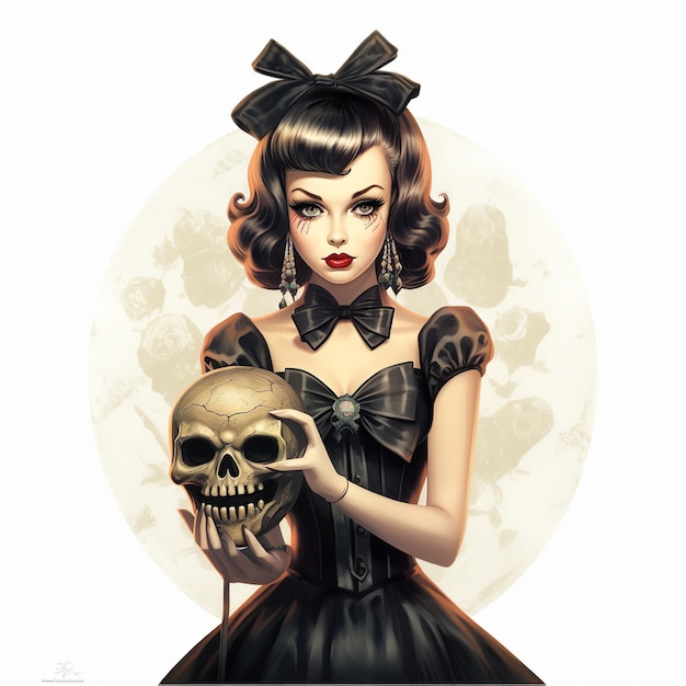 Illustration eines Halloween-Retro-Pin-up-süßen Mädchens, ein Gemälde einer Frau