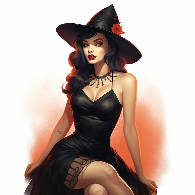 Illustration eines Halloween-Retro-Pin-up-süßen Mädchens, ein Gemälde einer Frau