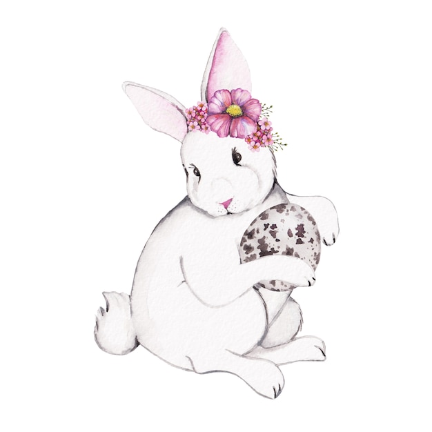 Illustration eines Hasen, Osterhasen mit Ei, Wachtelei, weißer Hase, Ostern