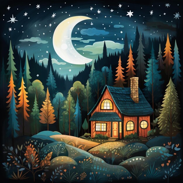 Illustration eines Hauses im Wald in der Nacht mit einem Vollmond generativen ai