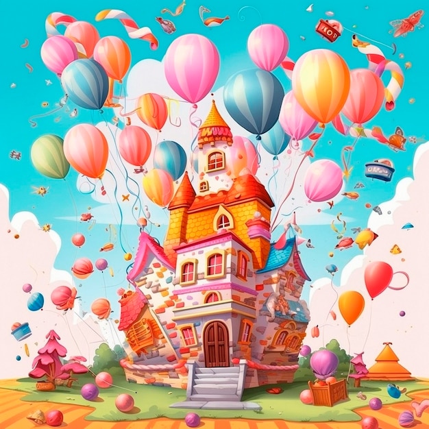 Illustration eines Hauses mit Luftballons und einem Banner zum Geburtstag.