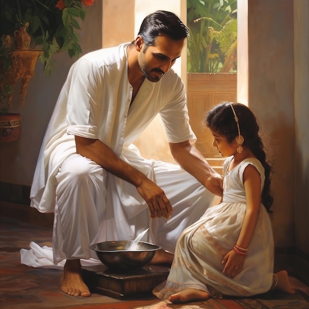 Illustration eines hinduistischen Mannes, der seiner Tochter die Füße wäscht. Mann, der seiner Tochter in weißer Kleidung die Füße wäscht