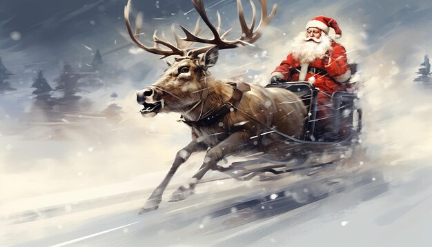 Illustration eines Hirsches auf einem Schlitten und des Weihnachtsmanns, der den Schlitten zieht