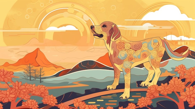 Illustration eines Hundes, der auf einem Hügel steht, mit einem Sonnenuntergang im Hintergrund, generative KI