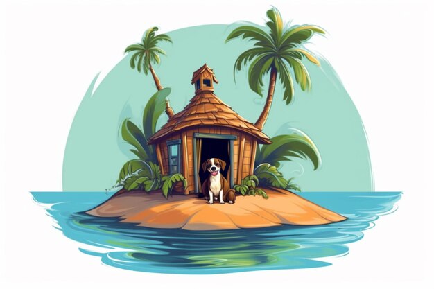 Illustration eines Hundes, der in einer Hütte auf einer generativen Inselinsel sitzt