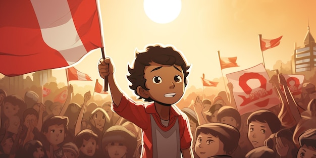 Illustration eines indonesischen Jungen, der in einer Menschenmenge eine indonesische Flagge hält