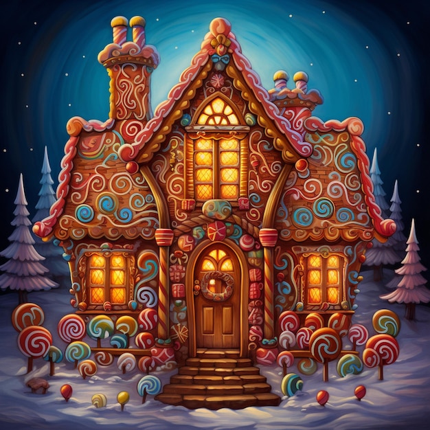 Illustration eines Ingwerhauses mit vielen Süßigkeiten und Süßigkeiten generative ai