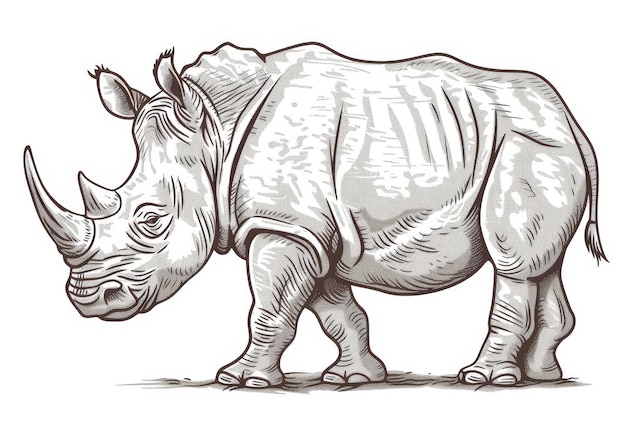 Illustration eines isolierten Nashorns mit afrikanischem Hintergrund Schwarz-Weiß-Handzeichnung eines isolierten Nasenhorns