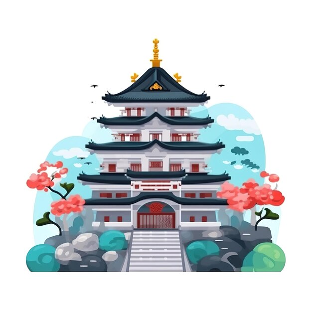 Illustration eines japanischen Tempels mit einer Brücke und einer Brücke