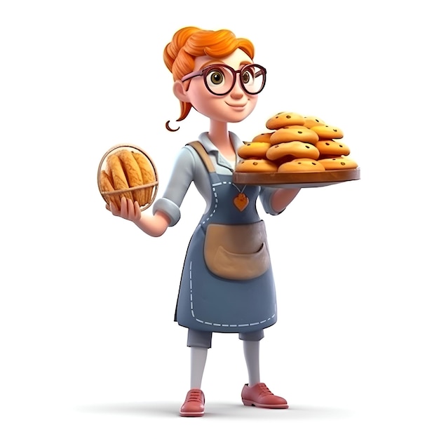 Illustration eines jungen Bäckereienmädchens mit Brot und Croissant