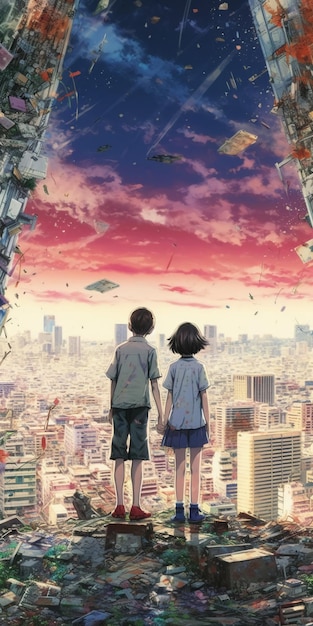 Illustration eines Jungen, der auf einem Hügel die Hand seiner Schwester hält und auf eine Stadt blickt