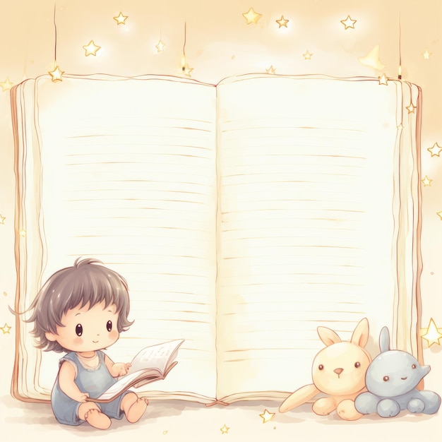 Illustration eines Jungen, der ein Buch mit einem Kaninchen und einem Kaninken liest
