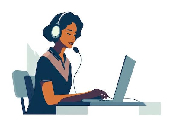 Illustration eines jungen Kundendienstmitarbeiters, der vor einem Computer arbeitet, minimalistisch auf weißem Hintergrund, generative KI