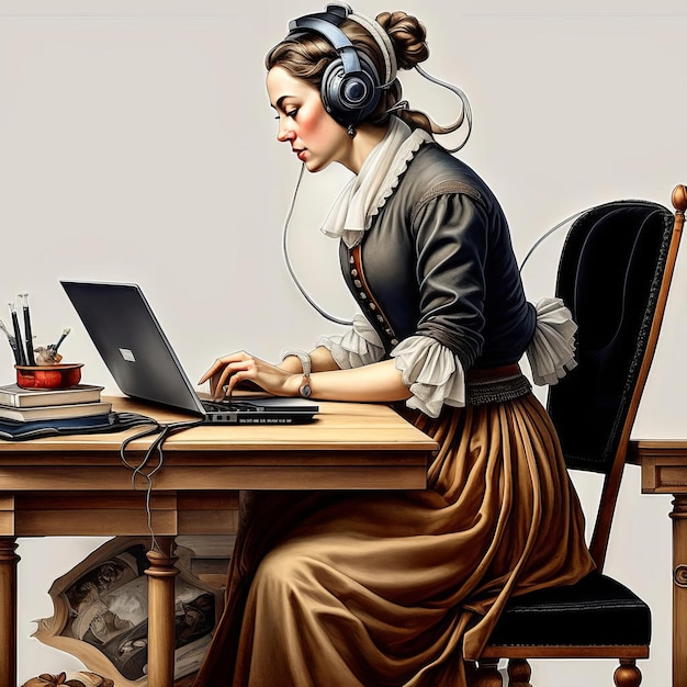 Illustration eines jungen Mädchens in Kopfhörern, das Musik hört, während es an einem Schreibtisch im Büro sitzt, generiert von KI