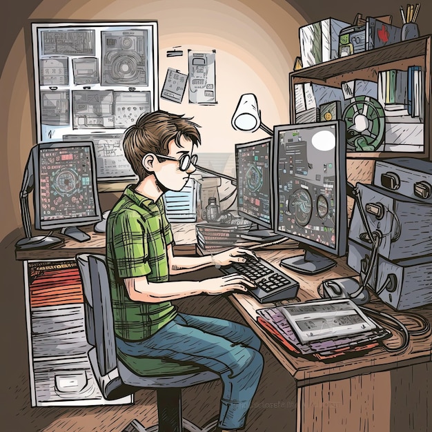 Illustration eines jungen Mannes, der zu Hause an einem Computer arbeitet. Ein nerdiger Junge programmiert an einem Computer in einem von KI generierten Raum