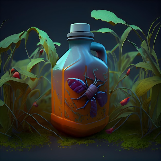 Illustration eines Käfers und einer Flasche Gift auf dunklem Hintergrund