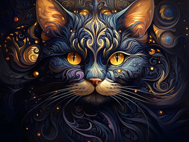 Illustration eines Katzengesichts mit ornamentalem Muster auf dunklem Hintergrund