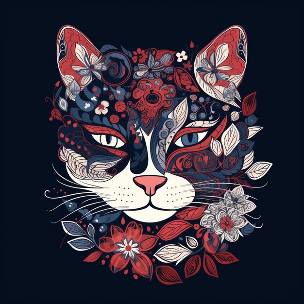 Illustration eines Katzenkopfes mit aufwendigen Mustern aus dekorativen Blumen