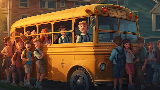 Illustration eines Kindes, das einen Schulbus fährt. Cartoon