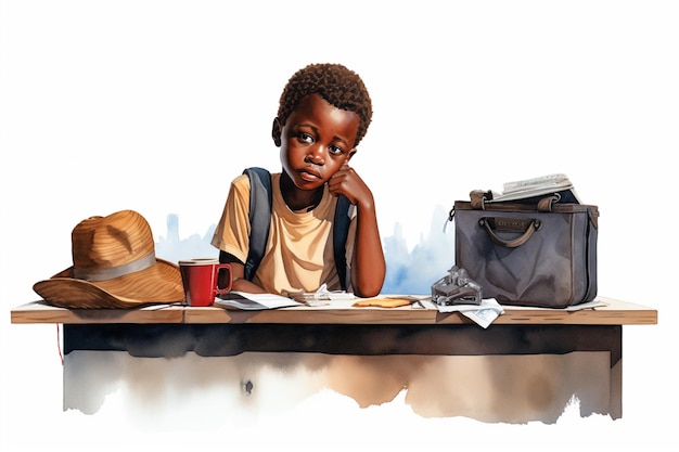 Illustration eines kleinen afrikanischen Jungen, der mit seinen Sachen auf dem Tisch auf einem Schultisch sitzt.