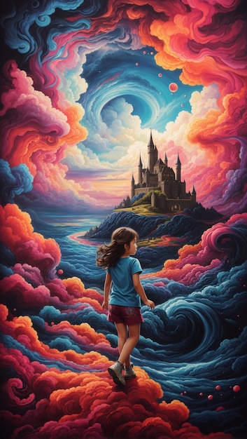 Illustration eines kleinen Mädchens, das ein surreales Fantasy-Schloss mit bunten Wolken erkundet