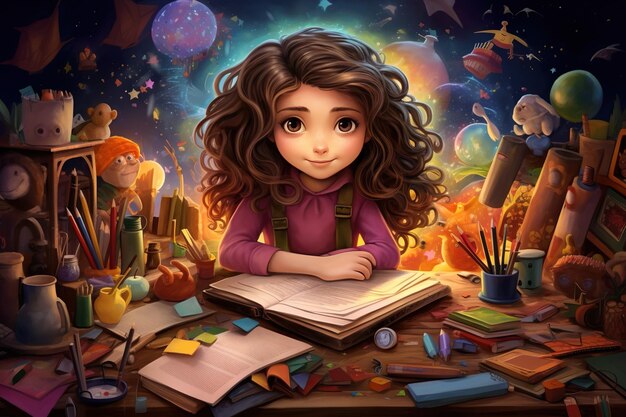Illustration eines kleinen Mädchens, das liest und sich eine wunderbare Welt voller Farben vorstellt, umgeben von