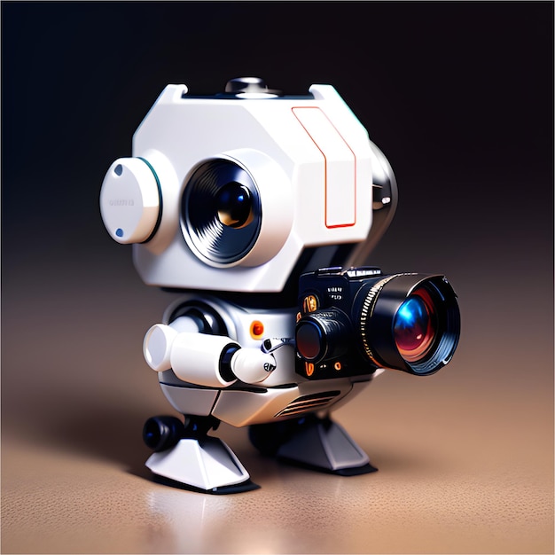 Illustration eines kleinen Roboters, der ein Kamera-Fotografie-Konzept des technologischen Fortschritts hält