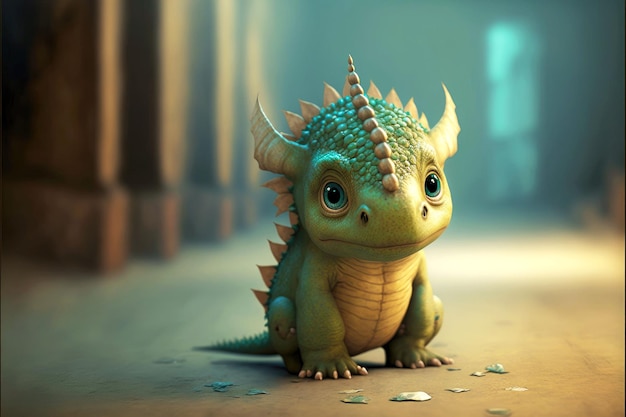 Illustration eines kleinen süßen Drachen, der auf dem Boden spazieren geht, generative ai