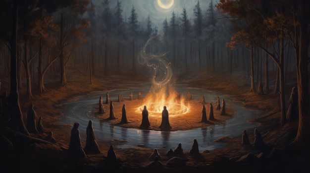 Illustration eines Kreises von Frauen in Hexenhüten und langen Manteln in der Mitte des Kreises ist ein großes Feuer im Wald ein Vollmond