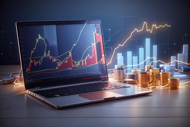 Illustration eines Laptops mit Aktienhandelsdiagramm, wachsender Strategie-Diagramm, Cloud-Computing 3D-Rendering