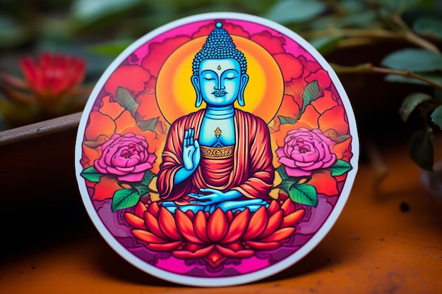 Foto illustration eines lebendigen farbaufklebers des buddha mit buddhist