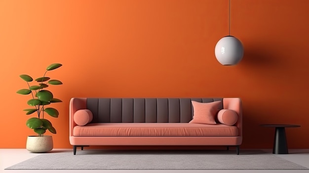 Illustration eines lebendigen Wohnzimmers mit orangefarbener Wand und rosa Couch