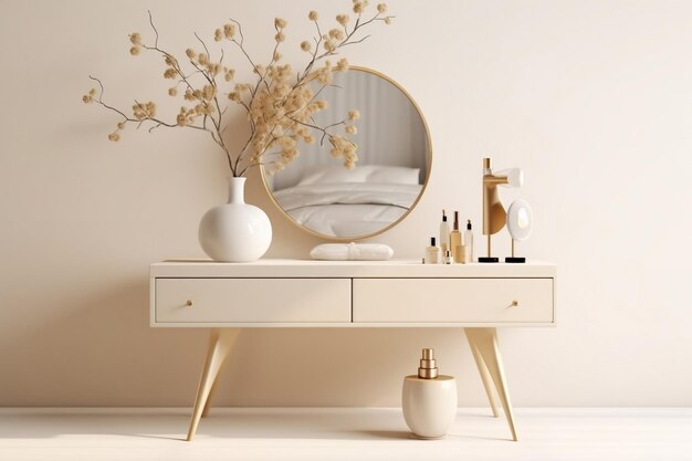 Illustration eines leeren modernen minimalbeigen Kleidertisches mit einem goldenen Griff Generative Ai