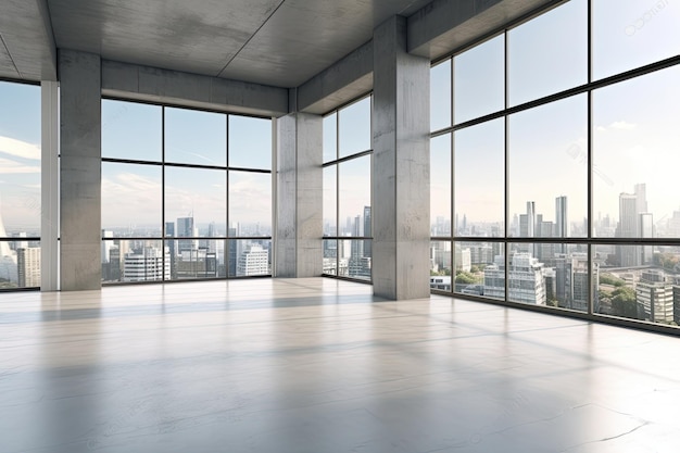 Illustration eines leeren Raums mit Panoramafenstern, die einen atemberaubenden Blick auf die Stadt bieten Generative KI