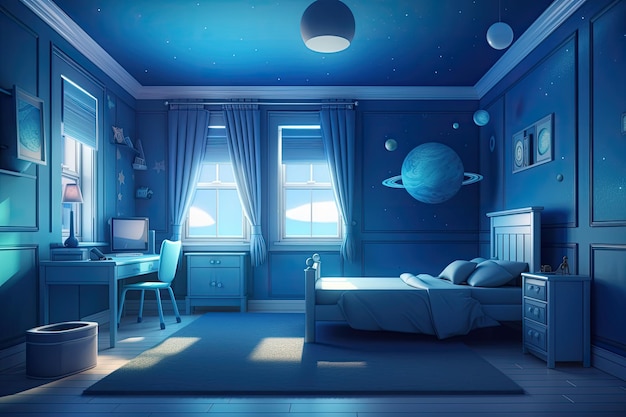 Illustration eines leuchtend blauen Kinderzimmers Illustration der Idee für ein Jungenzimmer mit einem Raumthema in Bezug auf die Innenarchitektur