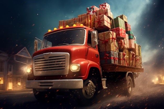 Illustration eines LKW-Autos voller Weihnachtsgeschenke, Lieferwagen-Versandfrachtdienst