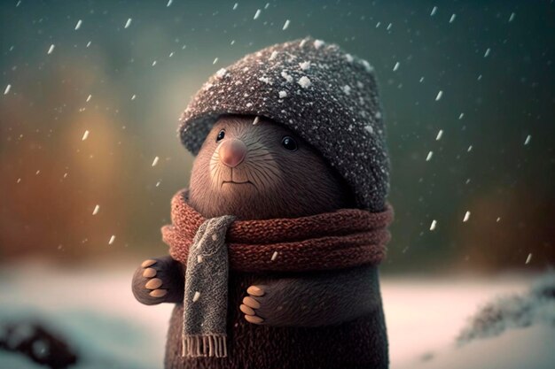 Illustration eines lustigen Maulwurfs mit Mütze und Schal im Schnee mit Schneeflocken. KI-generierter Inhalt