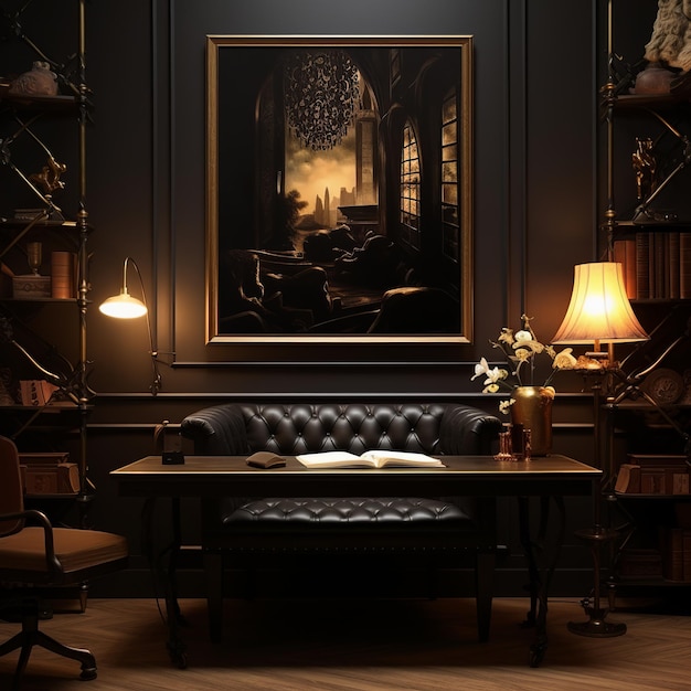 Illustration eines luxuriösen Arbeitszimmers, das hauptsächlich in Schwarz und Gold dekoriert ist