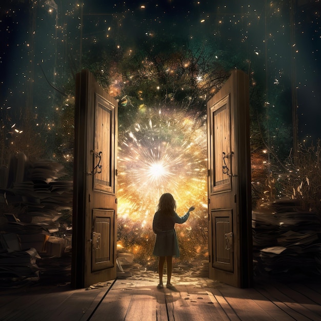 Illustration eines Mädchens, das die Tür öffnet, hergestellt aus einem Buch. Das Buch ist Lumino