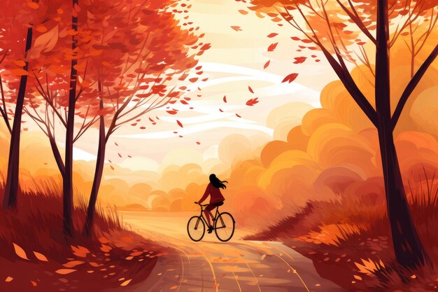 Illustration eines Mädchens, das im Herbstpark in den Bergen Fahrrad fährt