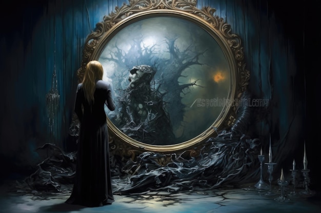 Illustration eines Mädchens, das in einen großen Spiegel schaut und statt ihres Spiegelbildes einen beängstigenden Wald sieht