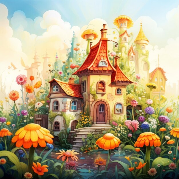 Illustration eines märchenhaften Hauses helle fantastische Blumen Ein Bild für ein Märchen für Kinder